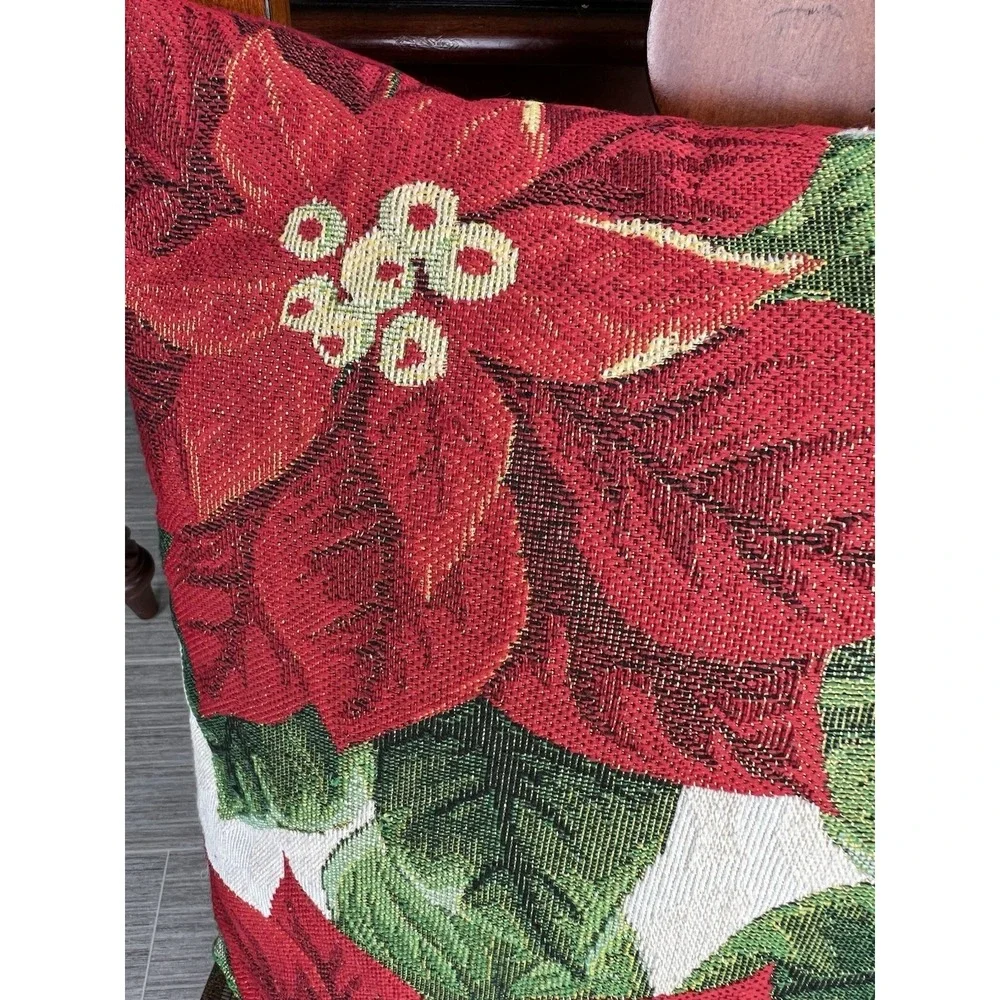 Poinsettia Tapestry Throw Pillow Red‎ Green Gold Christmas Holiday Flower 16x16